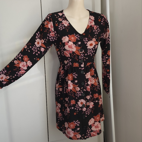 Aus 10 K-D Floral Red Black Long Sleeve V Neck Dress - Picture 9 of 16